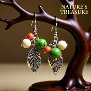 Super Cute!!! Beaded Leaf Cluster Dangle Earrings - Green Mango + Cream